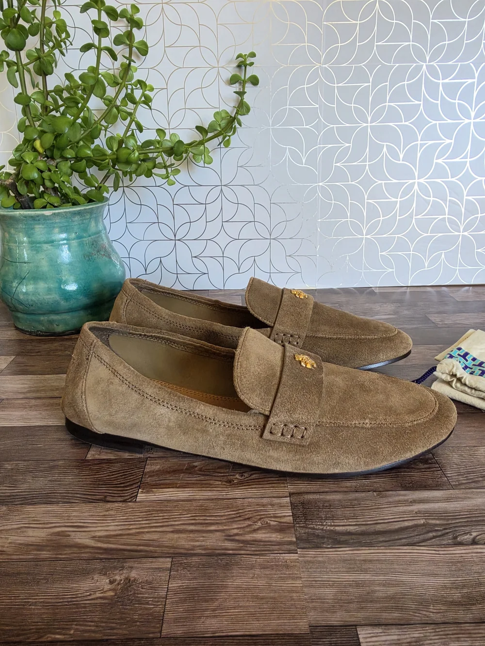 Tory Burch Brown Suede Penny Loafers with Gold Logo
